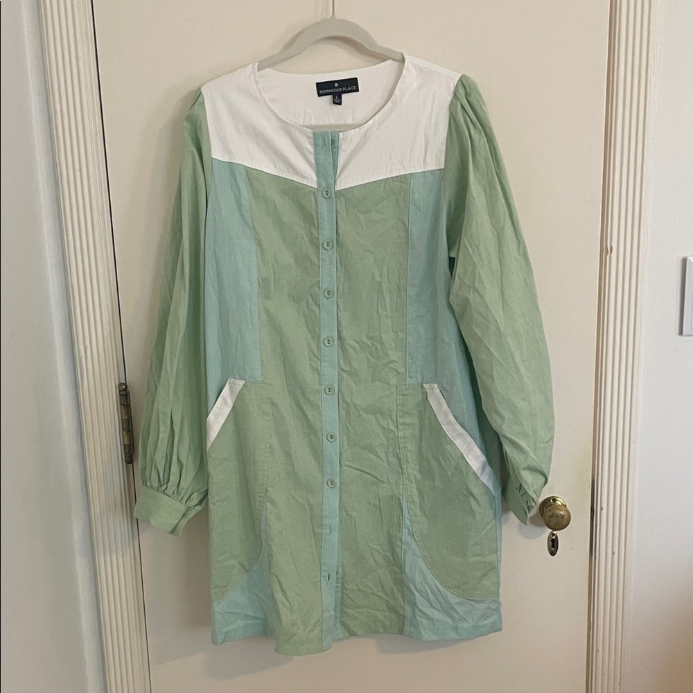 Pomander Place Green and White Button-Down Dress